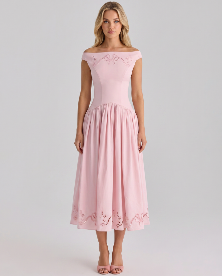 Sheila | Midi Dress with Broderie Anglaise and Off-Shoulder Neckline