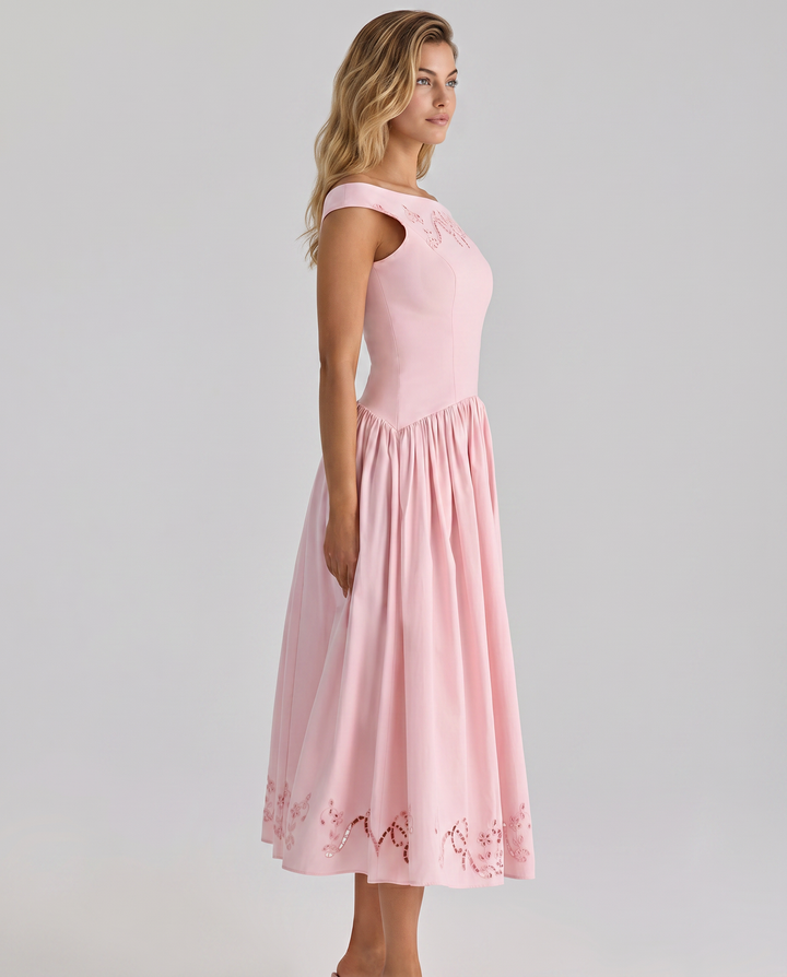 Sheila | Midi Dress with Broderie Anglaise and Off-Shoulder Neckline