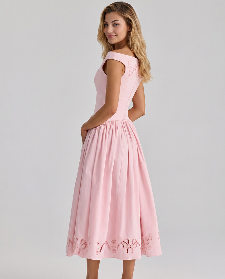 Sheila | Midi Dress with Broderie Anglaise and Off-Shoulder Neckline