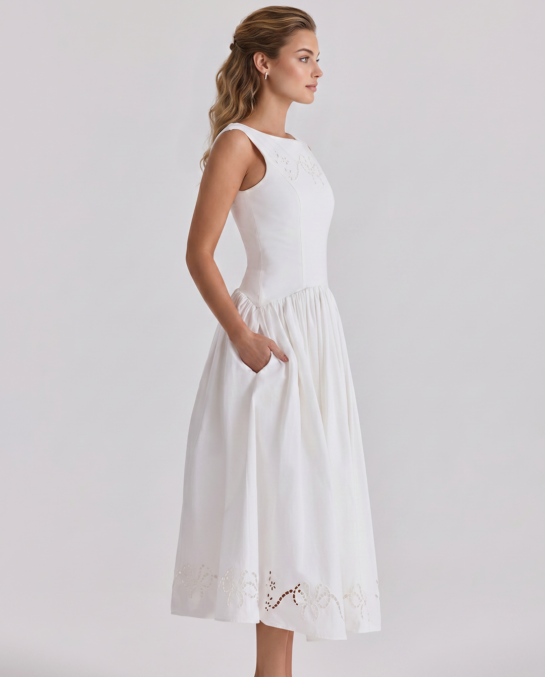 Sheila | Midi Dress with Broderie Anglaise and Off-Shoulder Neckline