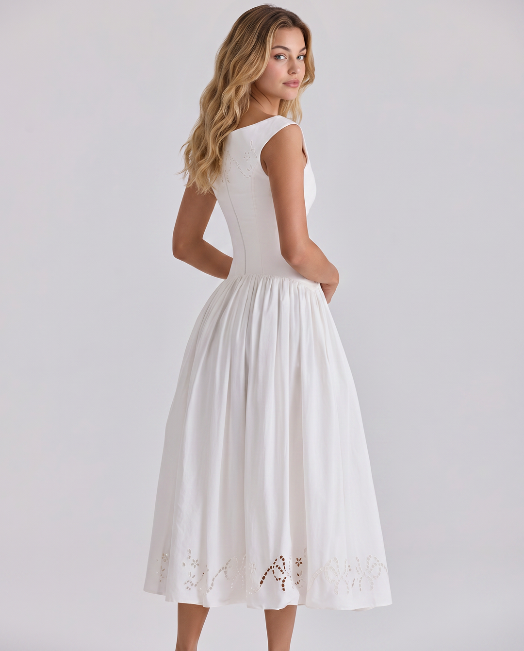 Sheila | Midi Dress with Broderie Anglaise and Off-Shoulder Neckline