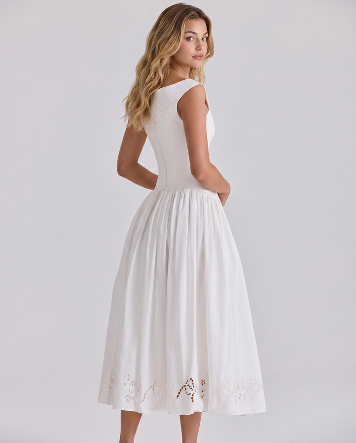 Sheila | Midi Dress with Broderie Anglaise and Off-Shoulder Neckline