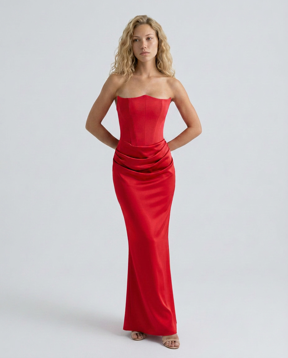 Cleo | Strapless Corset Maxi Dress with Draped Skirt
