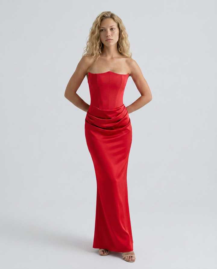 Cleo | Strapless Corset Maxi Dress with Draped Skirt