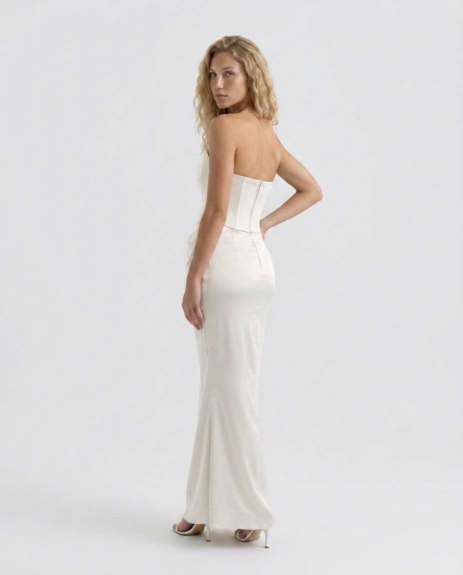 Cleo | Strapless Corset Maxi Dress with Draped Skirt