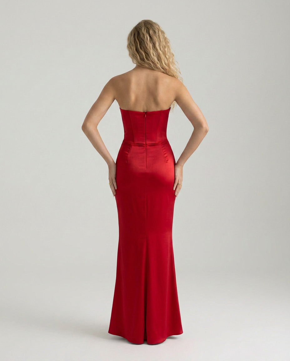 Cleo | Strapless Corset Maxi Dress with Draped Skirt