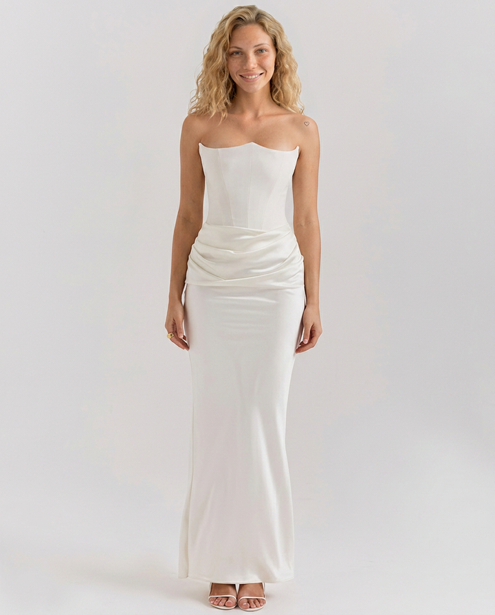 Cleo | Strapless Corset Maxi Dress with Draped Skirt