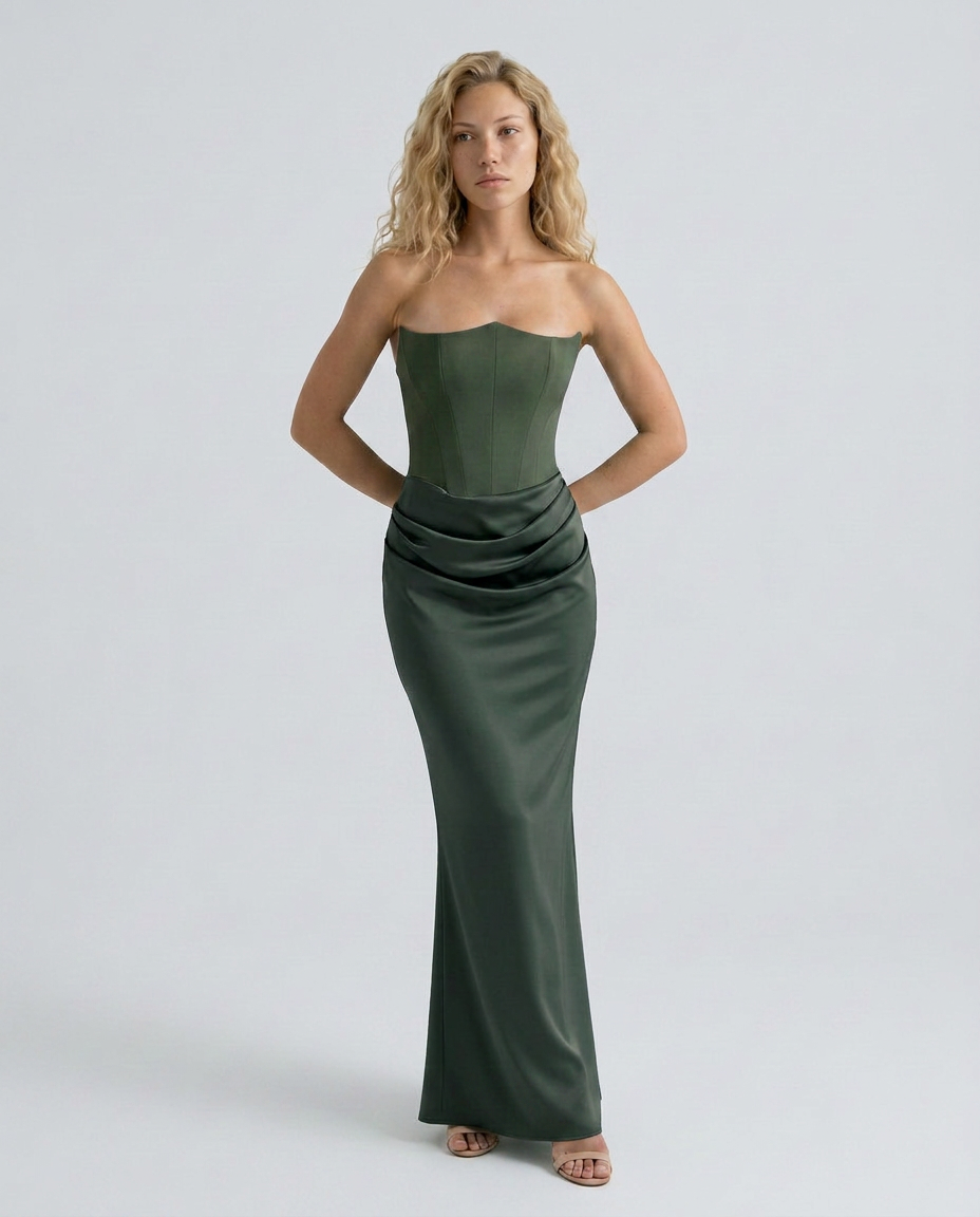 Cleo | Strapless Corset Maxi Dress with Draped Skirt