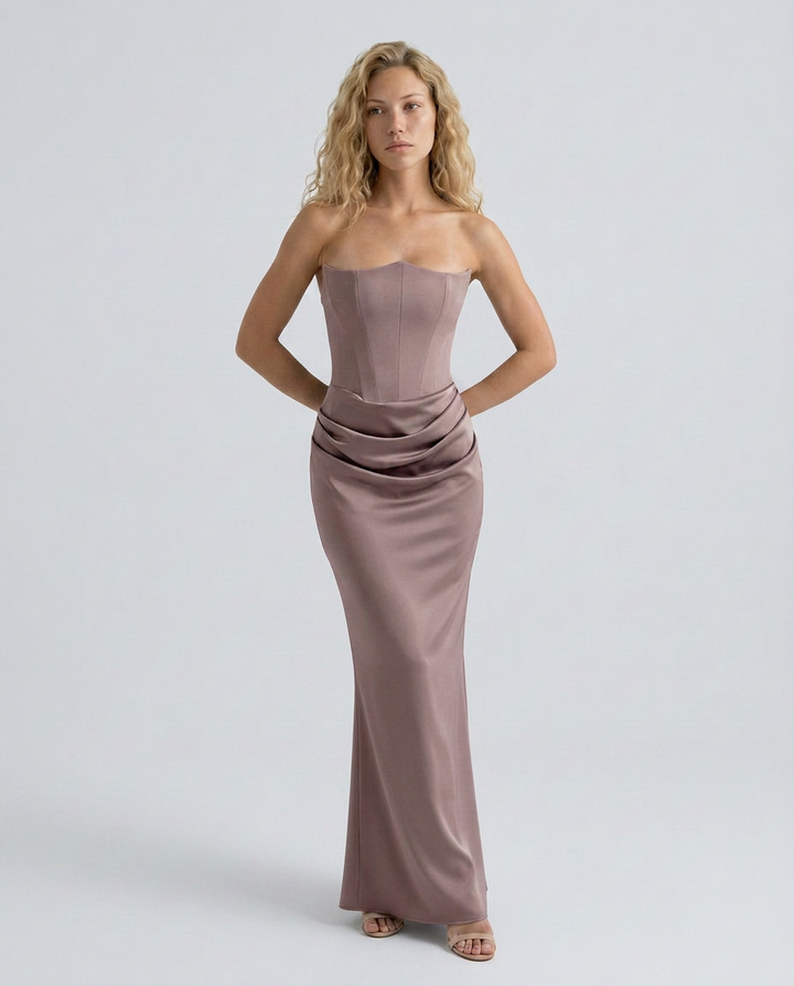 Cleo | Strapless Corset Maxi Dress with Draped Skirt