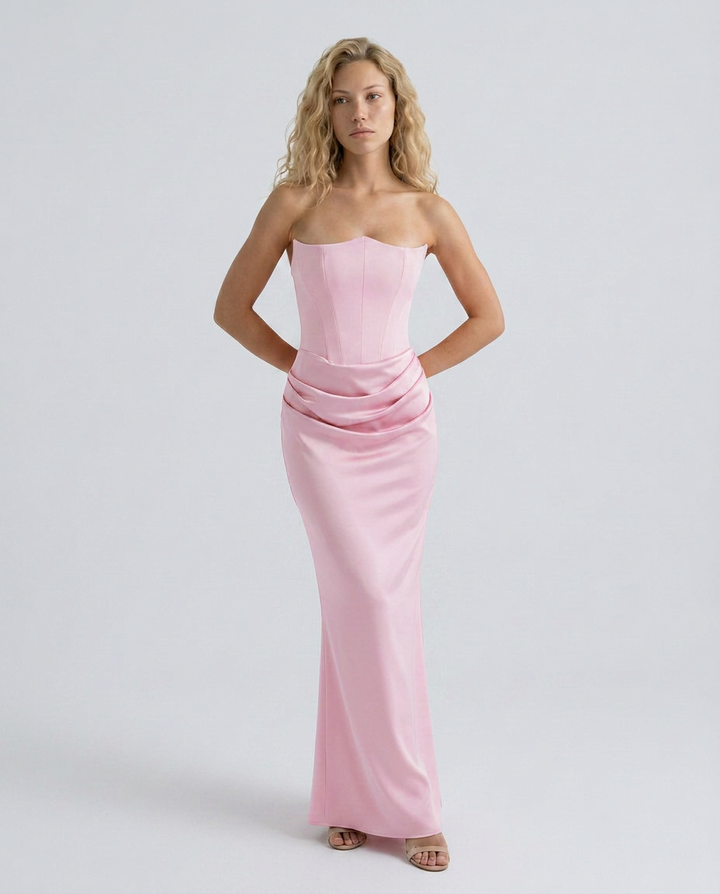 Cleo | Strapless Corset Maxi Dress with Draped Skirt
