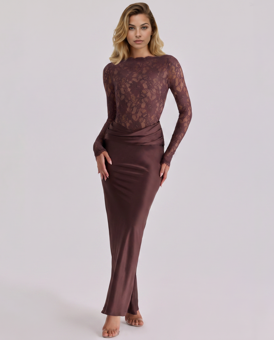Miranda | Lace Bodice Satin Maxi Dress Draped Skirt