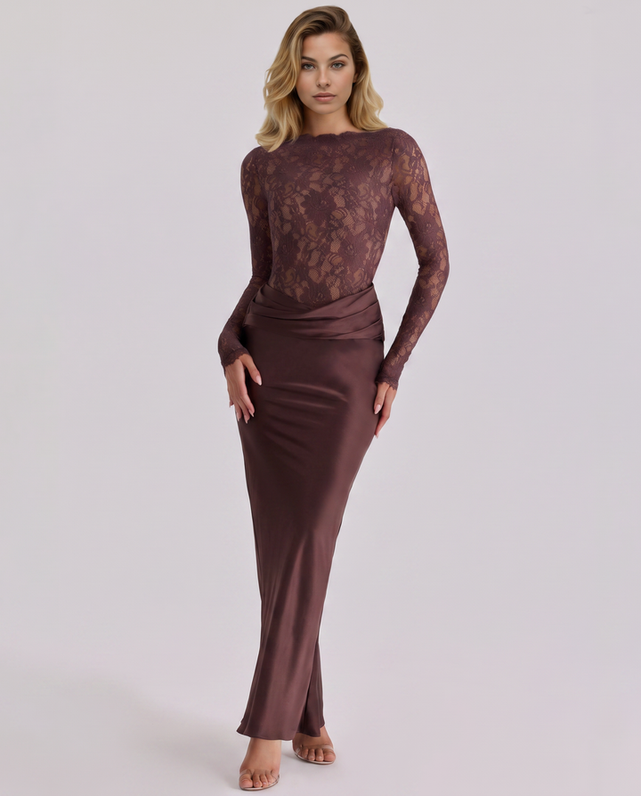 Miranda | Lace Bodice Satin Maxi Dress Draped Skirt