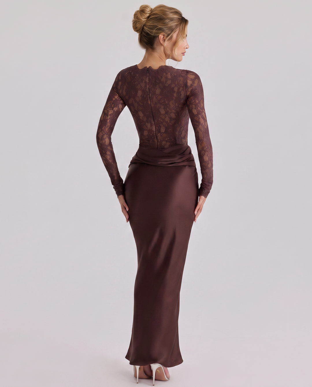 Miranda | Lace Bodice Satin Maxi Dress Draped Skirt