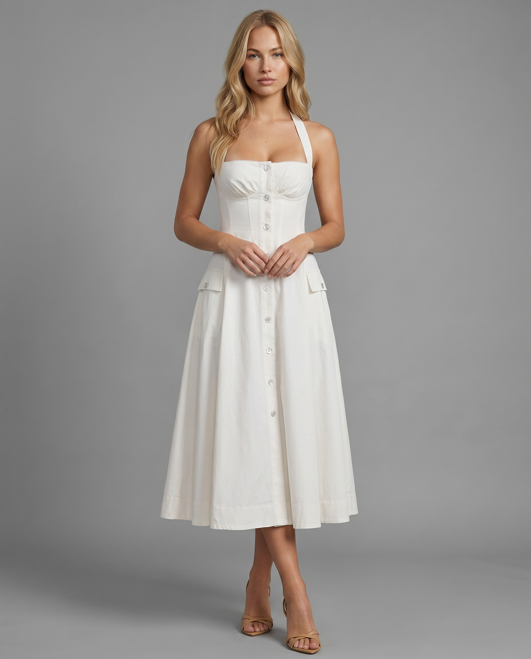 Loretta | Midi Dress with Halter Neck and Button Front