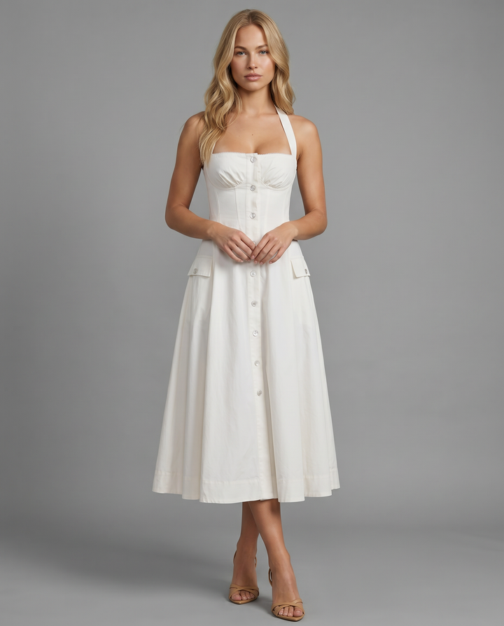 Loretta | Midi Dress with Halter Neck and Button Front