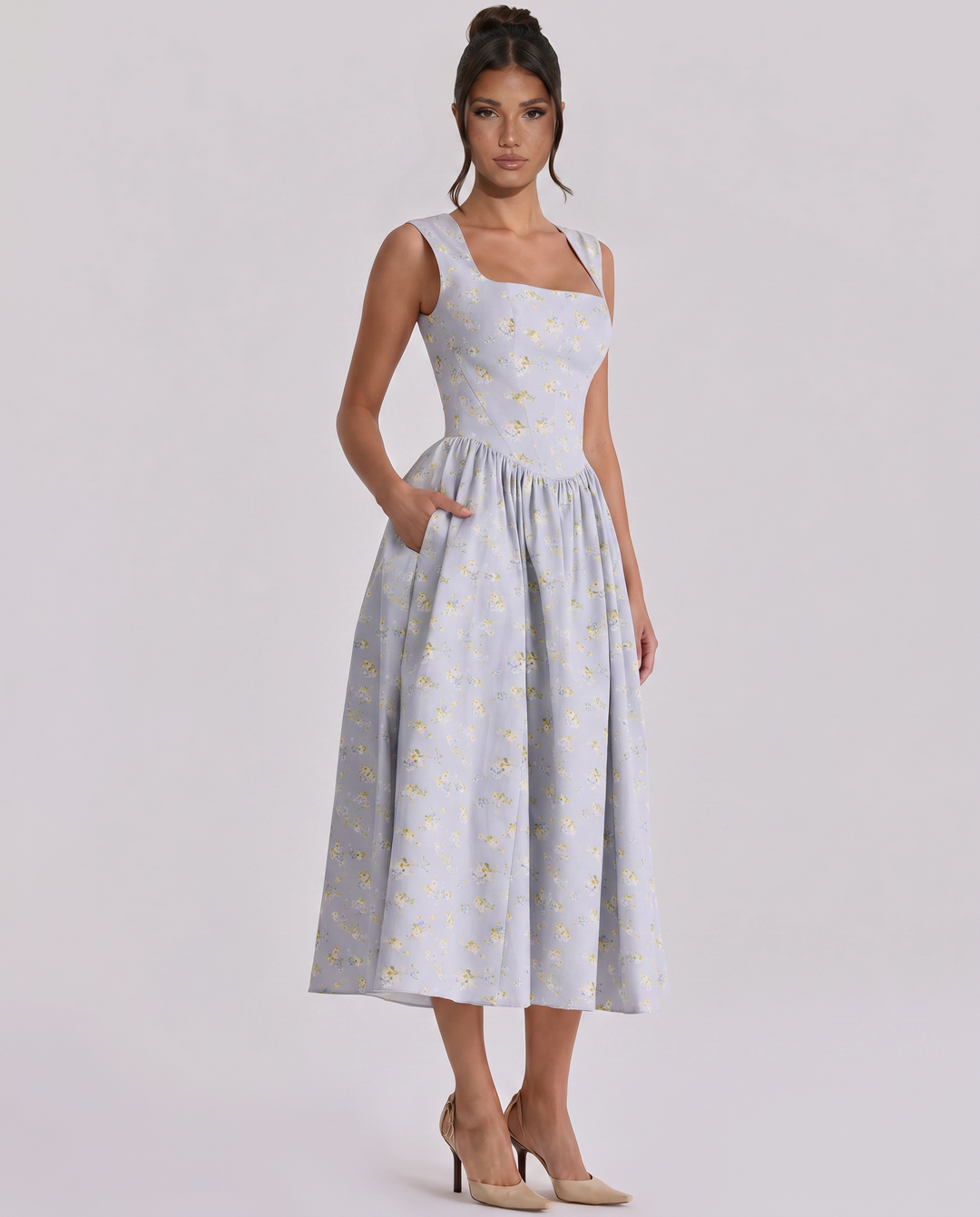 Nellie | Midi Sundress with Square Neck and Pleated Skirt