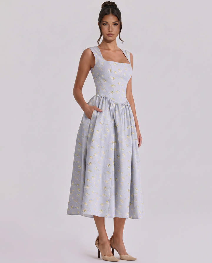 Nellie | Midi Sundress with Square Neck and Pleated Skirt