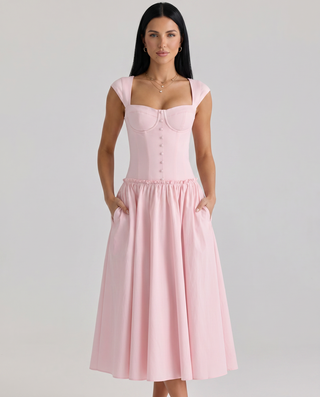 Monica | Midi Dress with Boned Bodice and Cap Sleeves