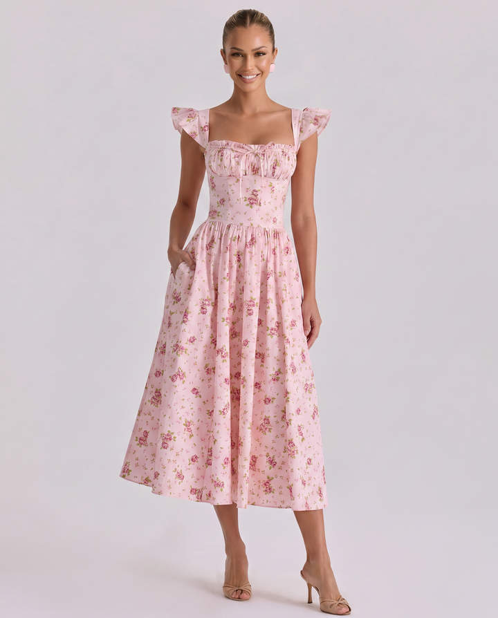 Tabitha | Midi Sundress with Floral Print and Lace-Up Back
