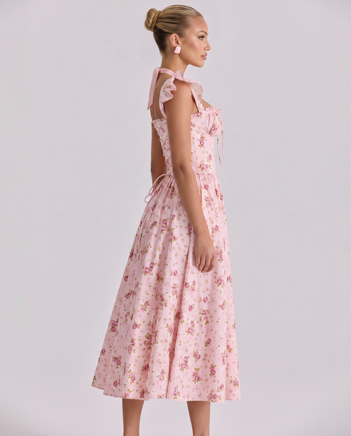 Tabitha | Midi Sundress with Floral Print and Lace-Up Back