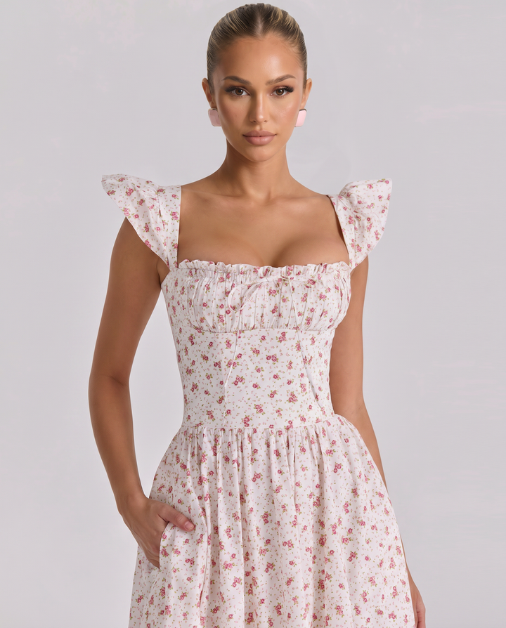 Tabitha | Midi Sundress with Floral Print and Lace-Up Back