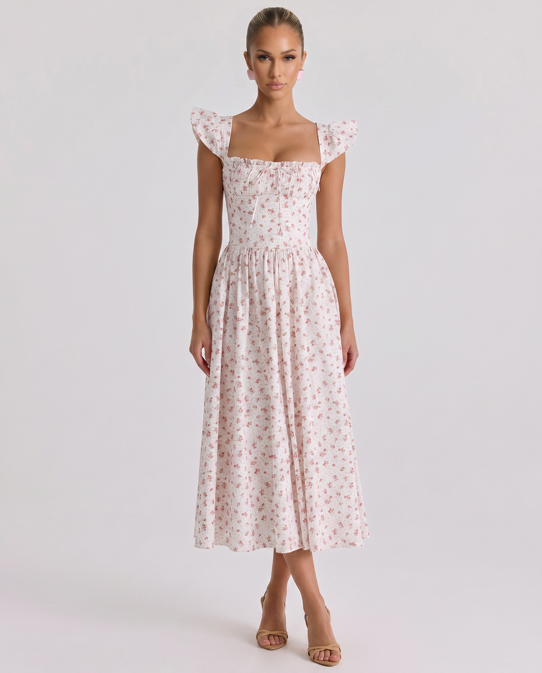 Tabitha | Midi Sundress with Floral Print and Lace-Up Back