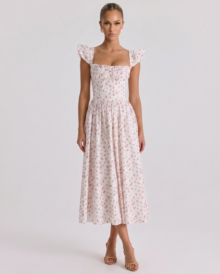Tabitha | Midi Sundress with Floral Print and Lace-Up Back