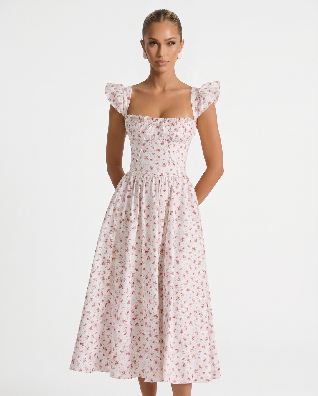 Tabitha | Midi Sundress with Floral Print and Lace-Up Back