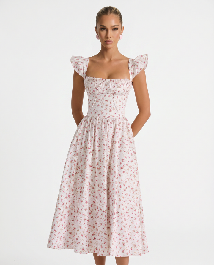 Tabitha | Midi Sundress with Floral Print and Lace-Up Back