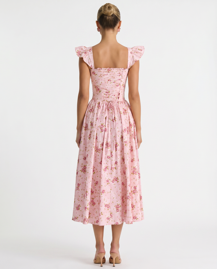 Tabitha | Midi Sundress with Floral Print and Lace-Up Back