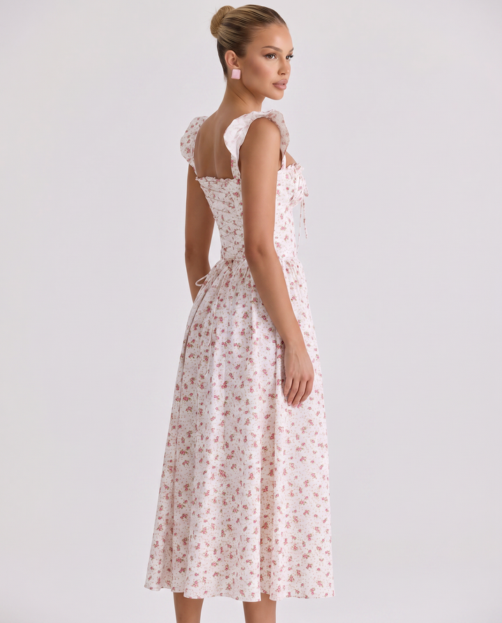 Tabitha | Midi Sundress with Floral Print and Lace-Up Back