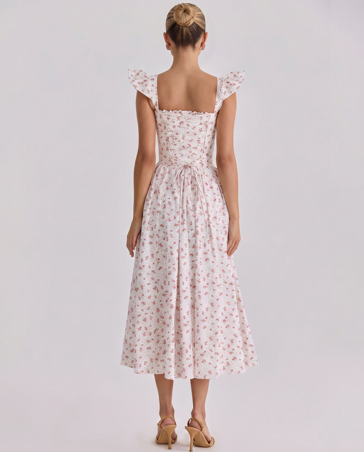 Tabitha | Midi Sundress with Floral Print and Lace-Up Back
