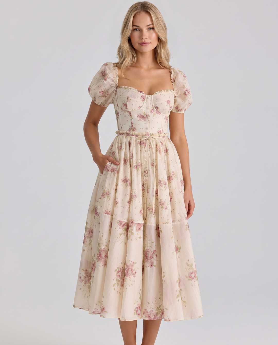 Finley | Midi Dress with Floral Print and Puff Sleeves