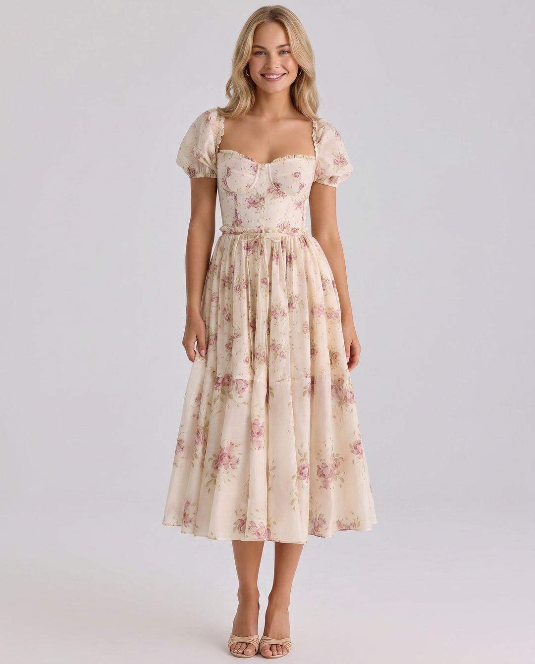 Finley | Midi Dress with Floral Print and Puff Sleeves