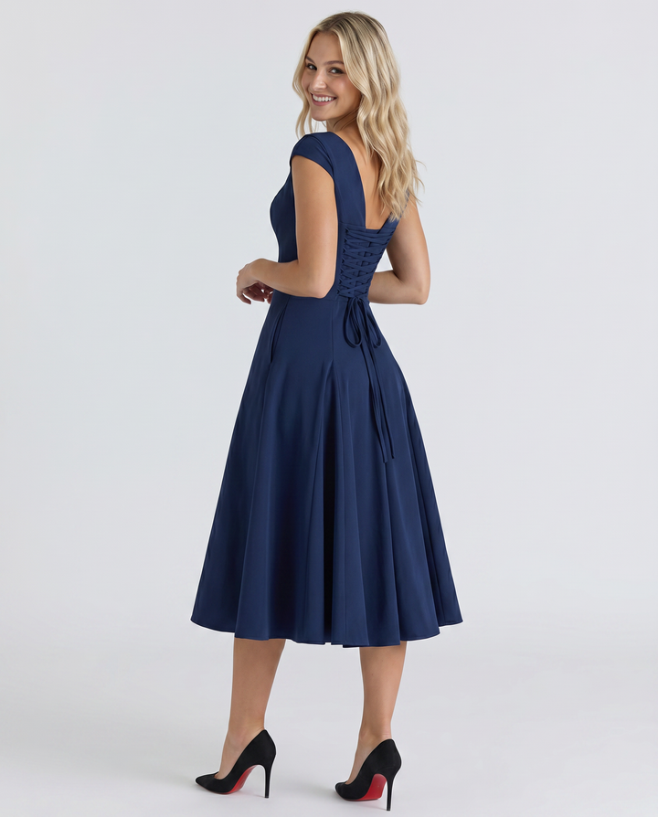 Larissa | Midi Dress with Lace-Up Back and Square Neck