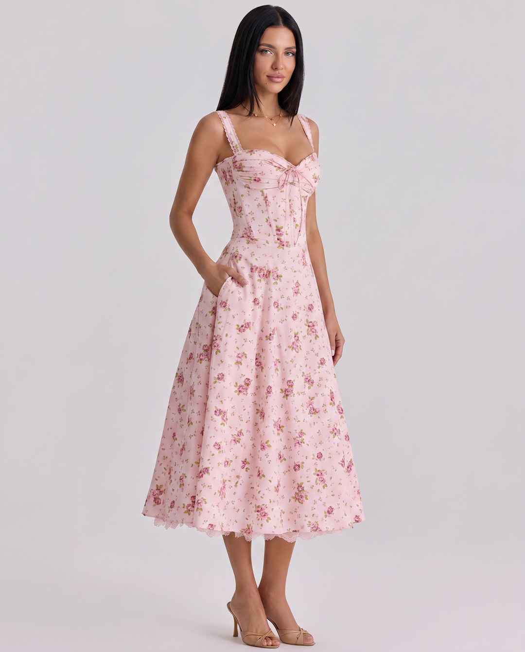 Frances | Midi Dress with Floral Print and Corset Bodice
