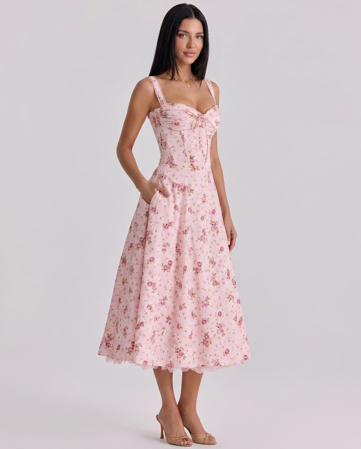 Frances | Midi Dress with Floral Print and Corset Bodice