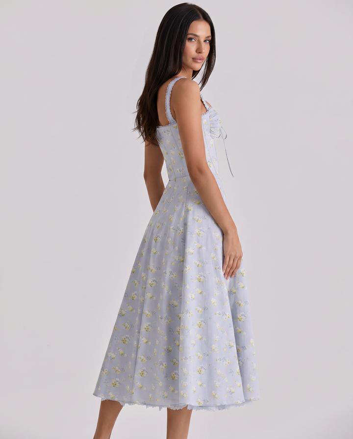 Frances | Midi Dress with Floral Print and Corset Bodice