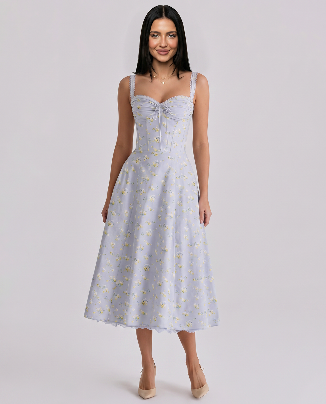 Frances | Midi Dress with Floral Print and Corset Bodice