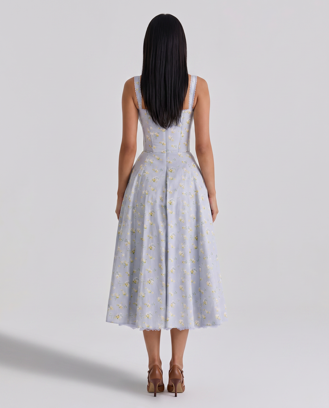 Frances | Midi Dress with Floral Print and Corset Bodice