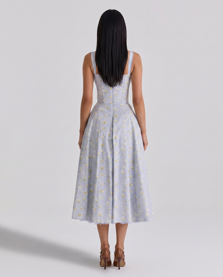Frances | Midi Dress with Floral Print and Corset Bodice