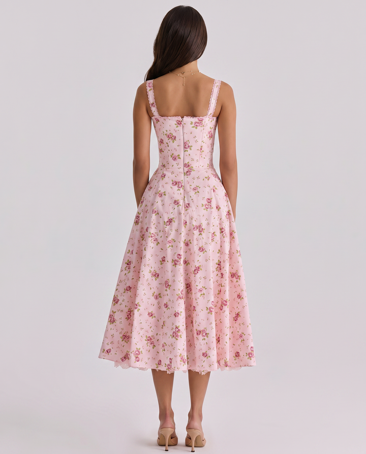 Frances | Midi Dress with Floral Print and Corset Bodice