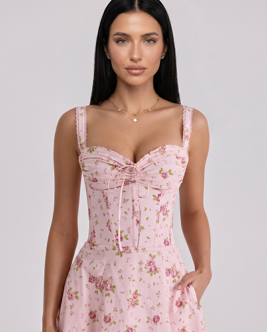 Frances | Midi Dress with Floral Print and Corset Bodice
