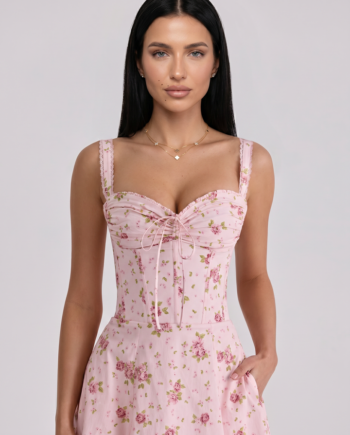 Frances | Midi Dress with Floral Print and Corset Bodice