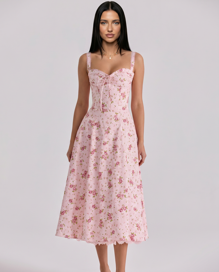 Frances | Midi Dress with Floral Print and Corset Bodice
