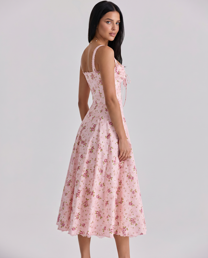 Frances | Midi Dress with Floral Print and Corset Bodice