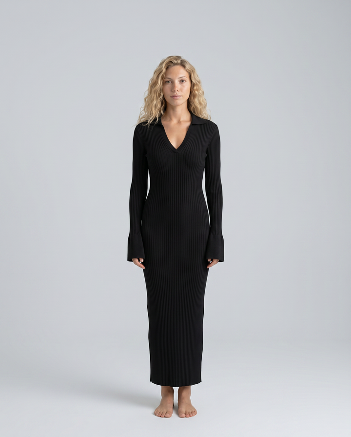 Lela | Ribbed Maxi Dress with Deep V-Neck