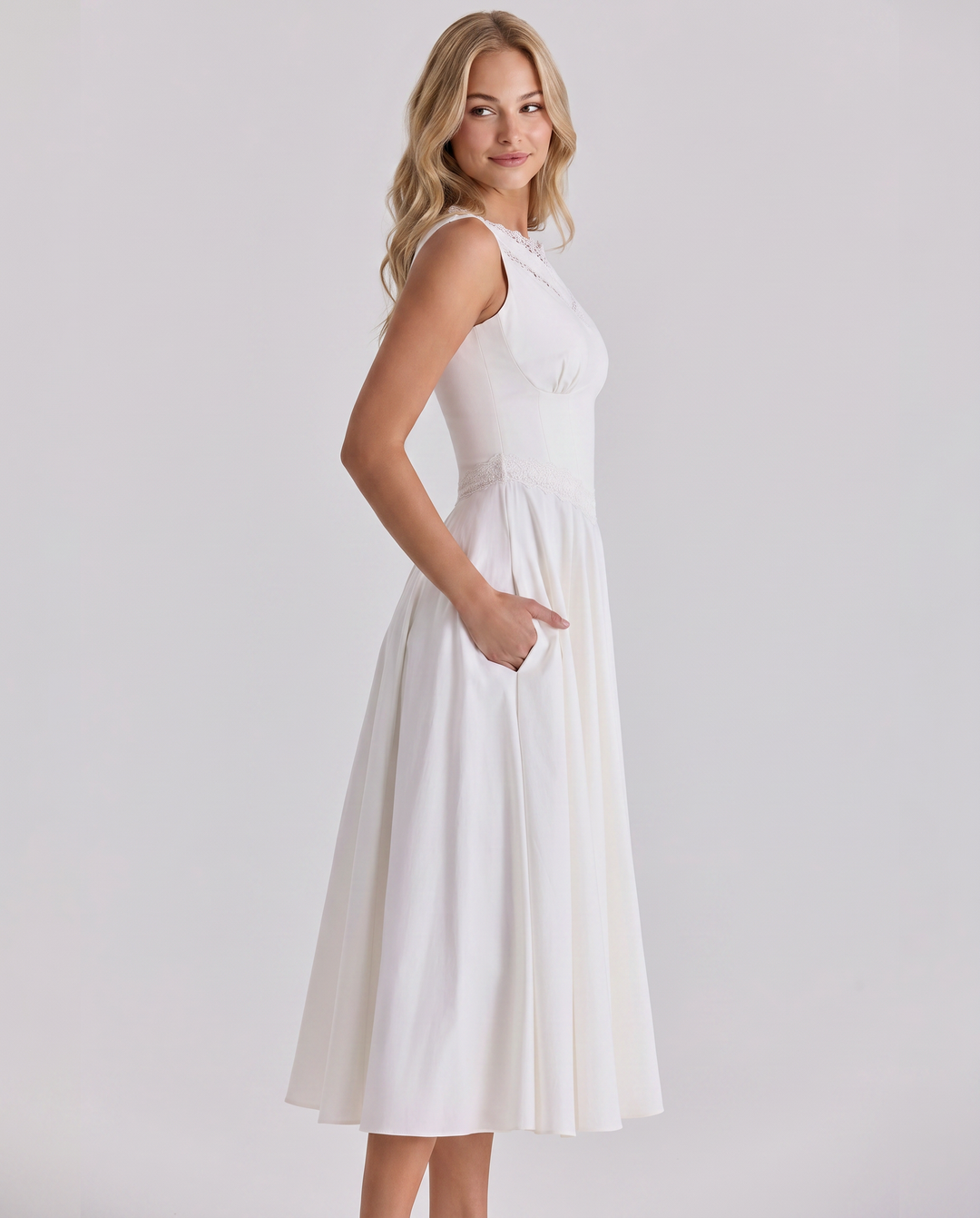 Jillian | Midi Dress with Lace Trim and Defined Waist