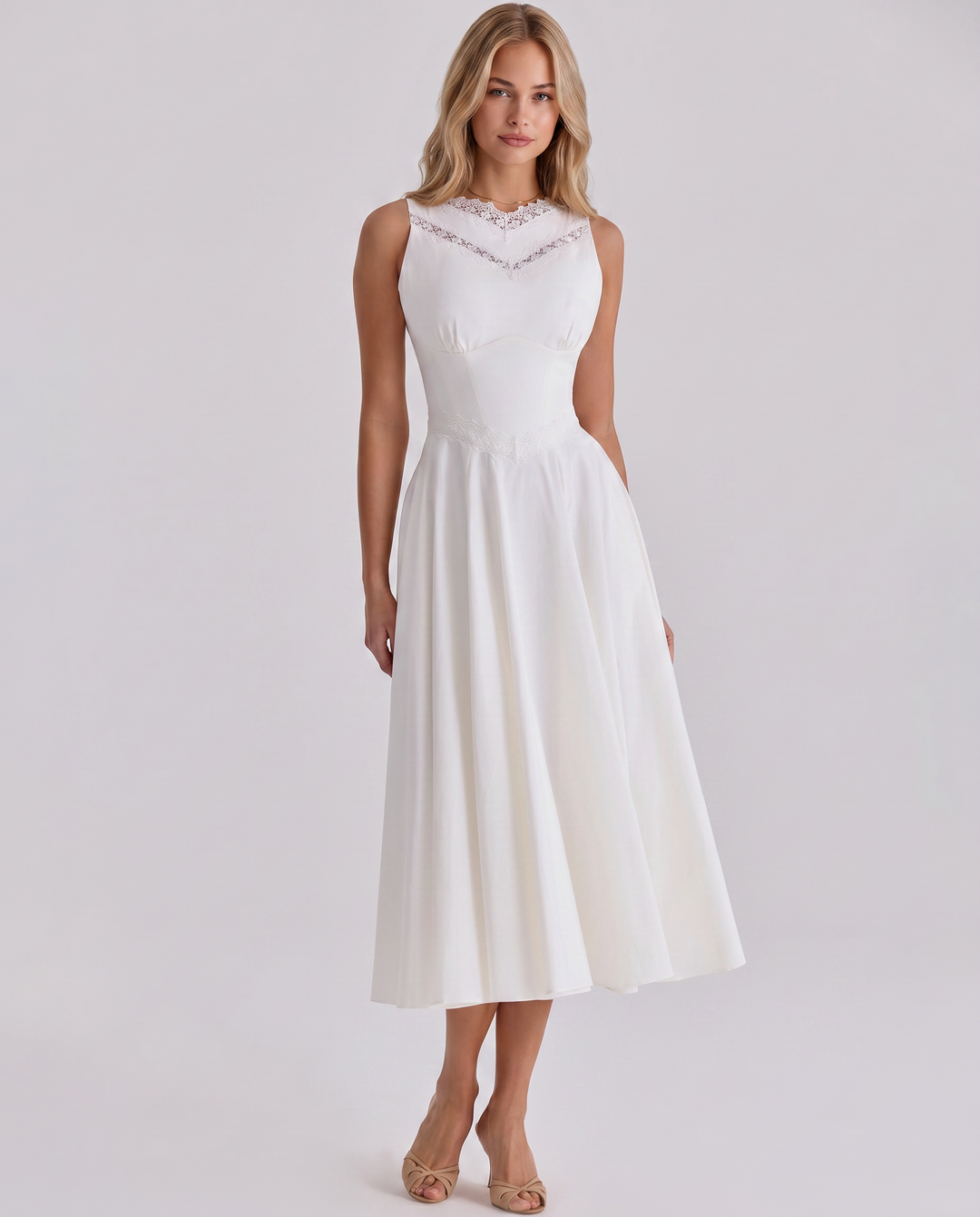 Jillian | Midi Dress with Lace Trim and Defined Waist