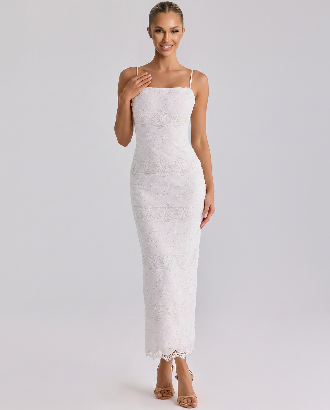 Kassandra | Midi Dress with Lace Overlay and Back Slit